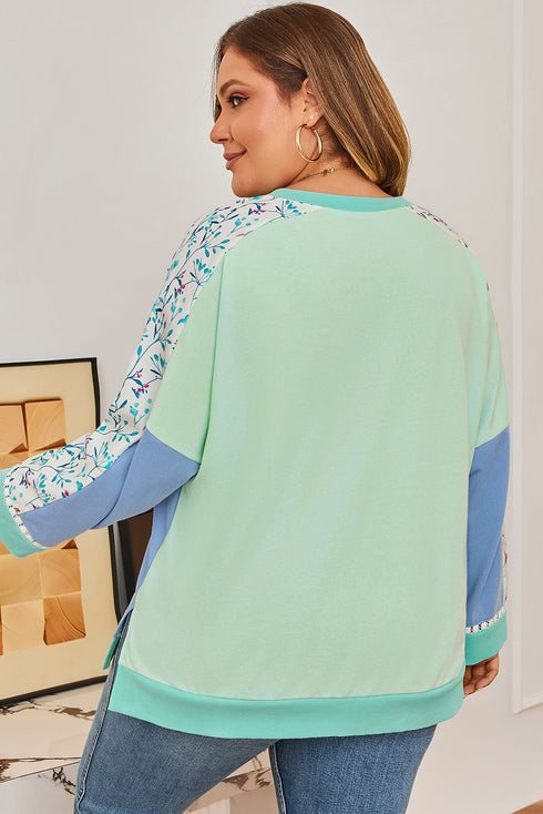 Floral Patchwork Pattern Block Notched Neck Long Sleeve Top