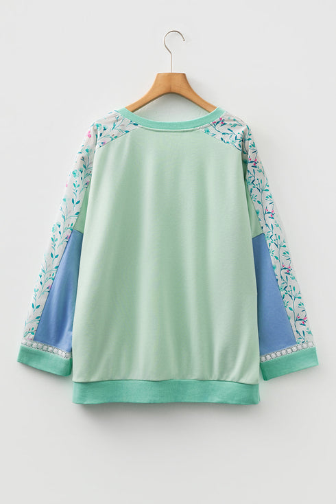 Floral Patchwork Pattern Block Notched Neck Long Sleeve Top