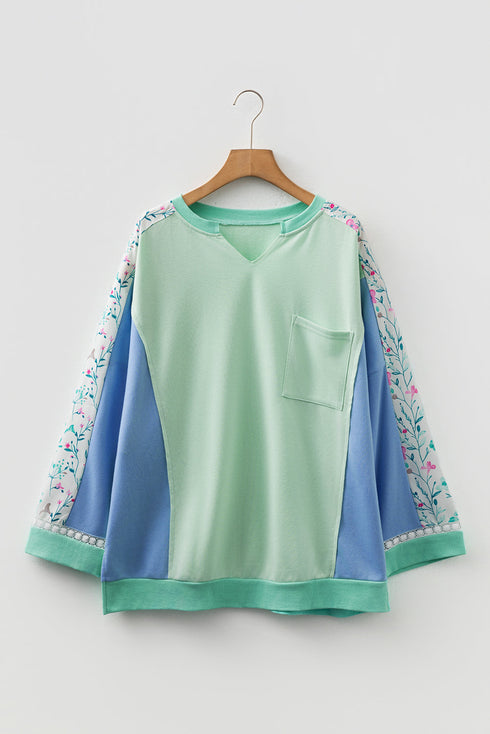 Floral Patchwork Pattern Block Notched Neck Long Sleeve Top