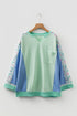 Floral Patchwork Pattern Block Notched Neck Long Sleeve Top