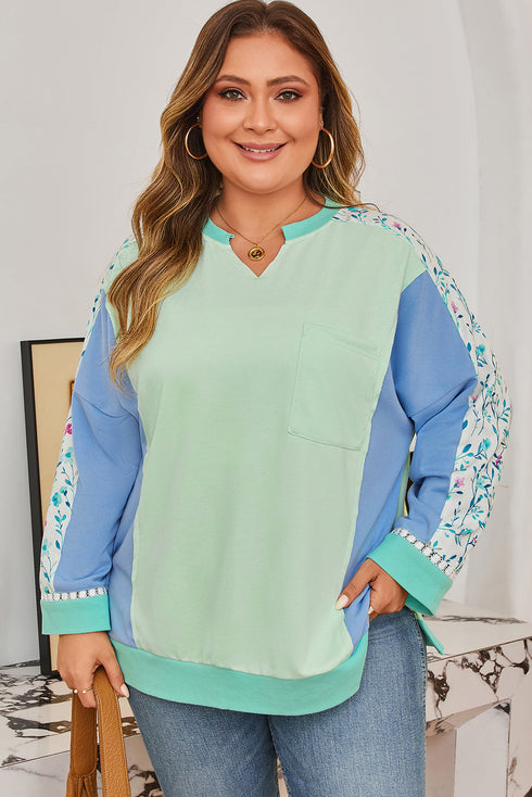 Floral Patchwork Pattern Block Notched Neck Long Sleeve Top