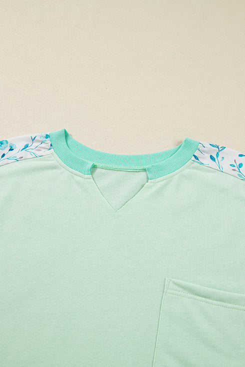 Floral Patchwork Pattern Block Notched Neck Long Sleeve Top