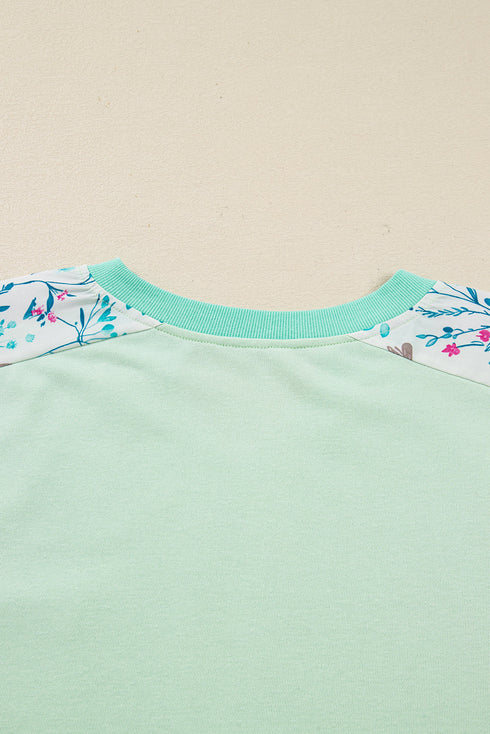 Floral Patchwork Pattern Block Notched Neck Long Sleeve Top