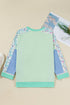 Floral Patchwork Pattern Block Notched Neck Long Sleeve Top