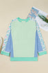 Floral Patchwork Pattern Block Notched Neck Long Sleeve Top