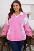 Floral Patchwork Polo Collar Elastic Cuff Long Sleeve Top