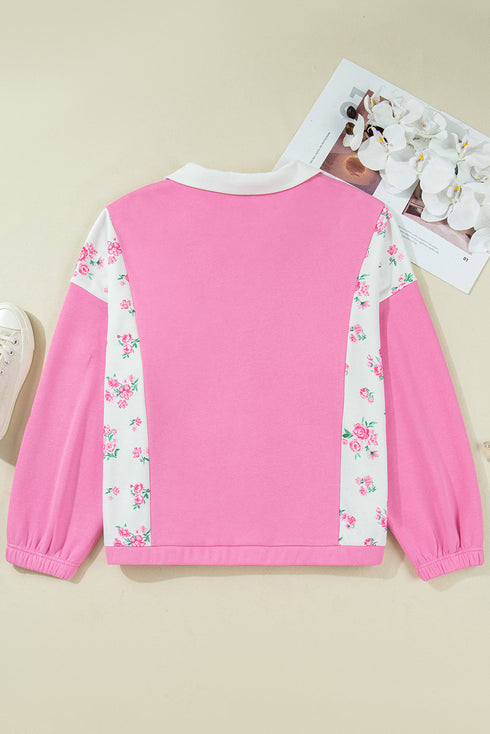 Floral Patchwork Polo Collar Elastic Cuff Long Sleeve Top