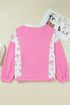 Floral Patchwork Polo Collar Elastic Cuff Long Sleeve Top