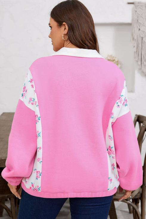 Floral Patchwork Polo Collar Elastic Cuff Long Sleeve Top