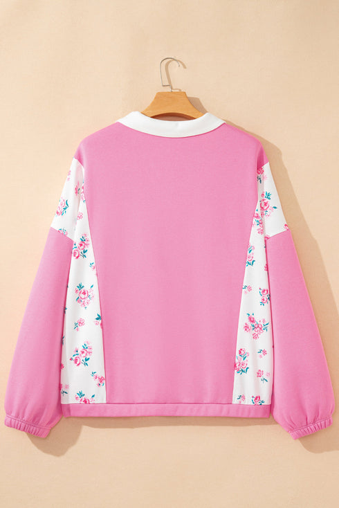 Floral Patchwork Polo Collar Elastic Cuff Long Sleeve Top