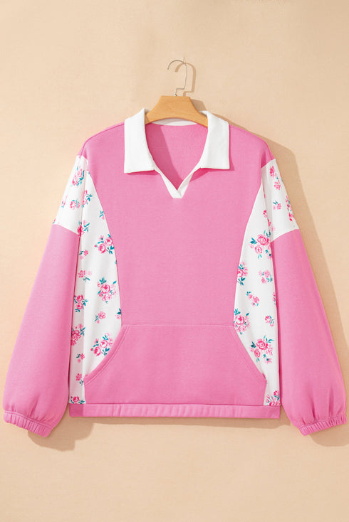 Floral Patchwork Polo Collar Elastic Cuff Long Sleeve Top