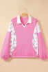 Floral Patchwork Polo Collar Elastic Cuff Long Sleeve Top