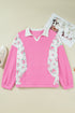 Floral Patchwork Polo Collar Elastic Cuff Long Sleeve Top