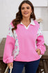 Floral Patchwork Polo Collar Elastic Cuff Long Sleeve Top