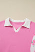 Floral Patchwork Polo Collar Elastic Cuff Long Sleeve Top