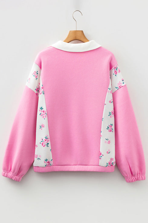 Floral Patchwork Polo Collar Puff Sleeve Mixed Media Top