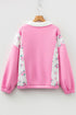 Floral Patchwork Polo Collar Puff Sleeve Mixed Media Top