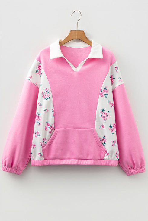 Floral Patchwork Polo Collar Puff Sleeve Mixed Media Top