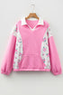 Floral Patchwork Polo Collar Puff Sleeve Mixed Media Top