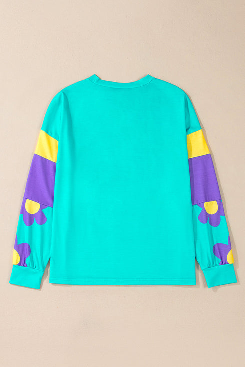 Floral Patchwork Print Long Sleeve Loose Knit Top