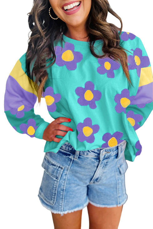 Floral Patchwork Print Long Sleeve Loose Knit Top