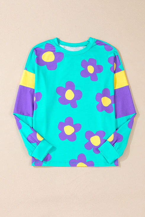 Floral Patchwork Print Long Sleeve Loose Knit Top