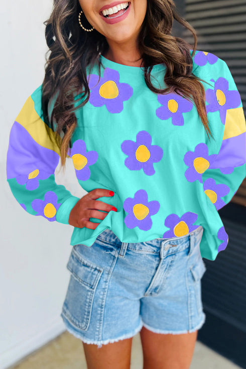 Floral Patchwork Print Long Sleeve Loose Knit Top