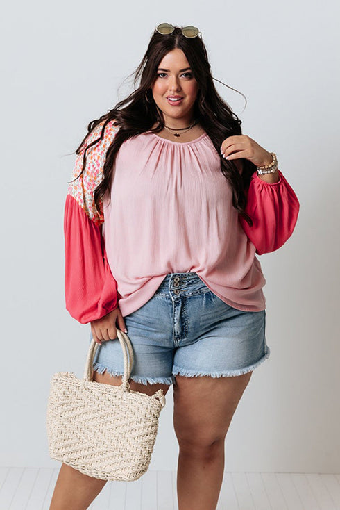Floral Patchwork Print Plus Size Long Sleeve Top