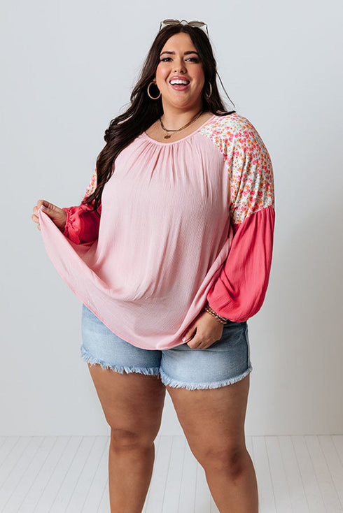 Floral Patchwork Print Plus Size Long Sleeve Top
