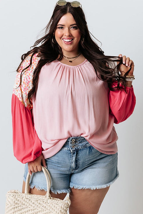 Floral Patchwork Print Plus Size Long Sleeve Top