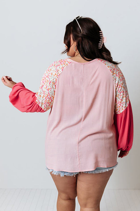 Floral Patchwork Print Plus Size Long Sleeve Top
