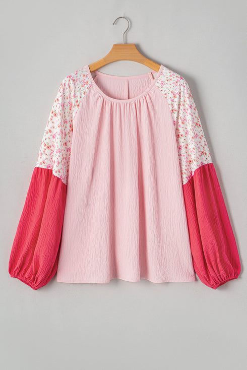 Floral Patchwork Print Plus Size Long Sleeve Top