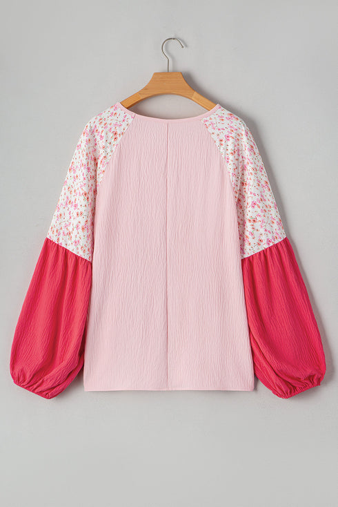 Floral Patchwork Print Plus Size Long Sleeve Top