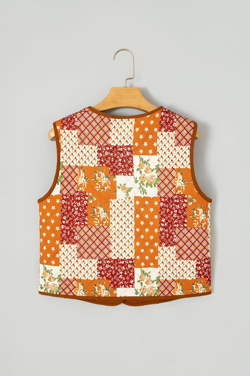 Floral Patchwork Quilted V Neck Button Vest
