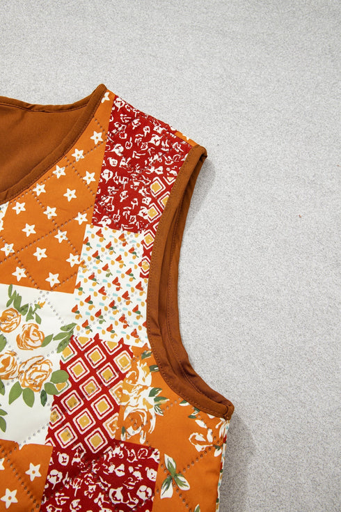 Floral Patchwork Quilted V Neck Button Vest