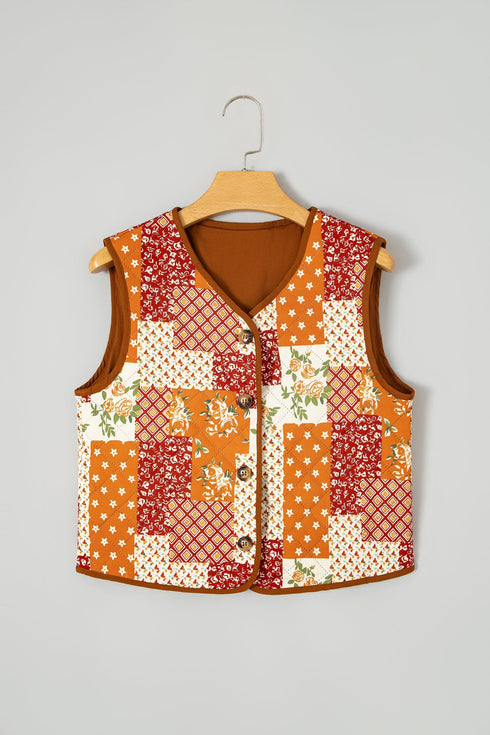 Floral Patchwork Quilted V Neck Button Vest