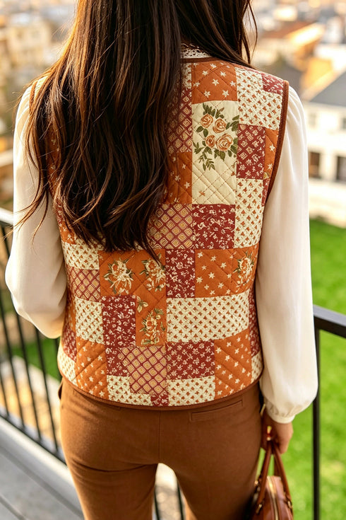Floral Patchwork Quilted V Neck Button Vest