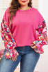 Floral Patchwork Rib Knit Flounce Long Sleeve Top
