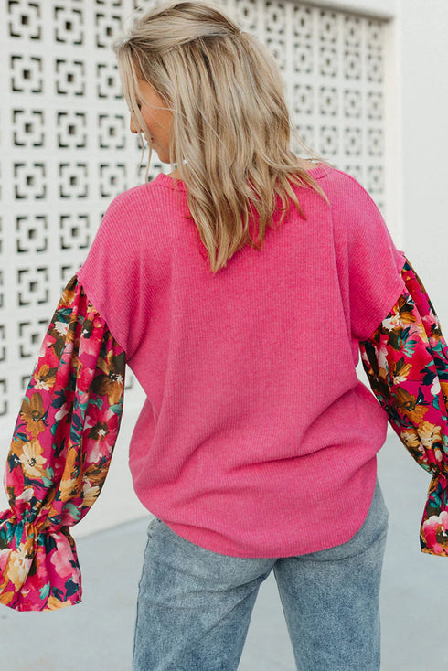 Floral Patchwork Rib Knit Flounce Long Sleeve Top