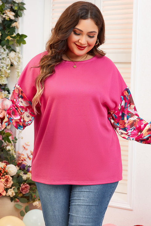 Floral Patchwork Rib Knit Flounce Long Sleeve Top
