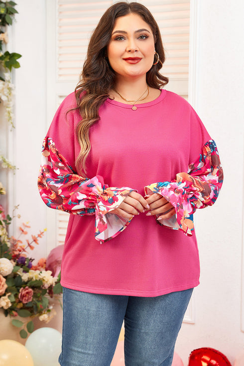 Floral Patchwork Rib Knit Flounce Long Sleeve Top