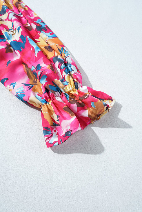 Floral Patchwork Rib Knit Flounce Long Sleeve Top
