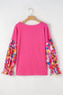 Floral Patchwork Rib Knit Flounce Long Sleeve Top