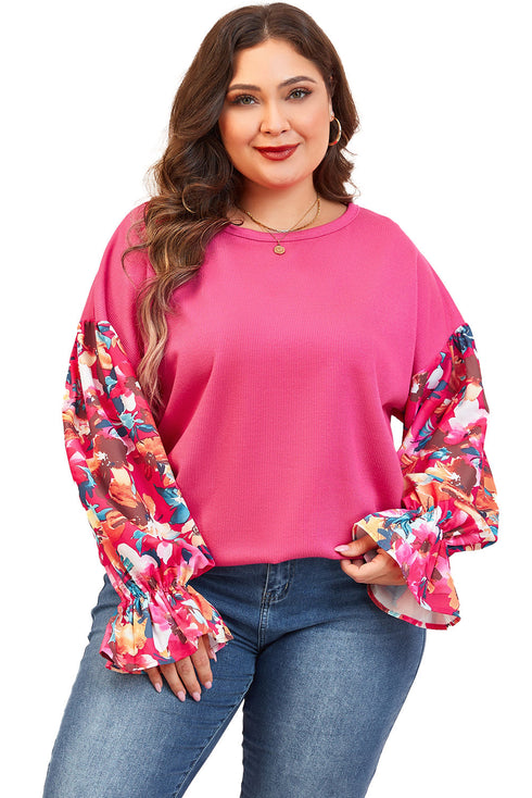 Floral Patchwork Rib Knit Flounce Long Sleeve Top