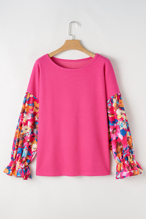 Floral Patchwork Rib Knit Flounce Long Sleeve Top
