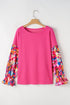 Floral Patchwork Rib Knit Flounce Long Sleeve Top