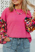 Floral Patchwork Rib Knit Flounce Long Sleeve Top