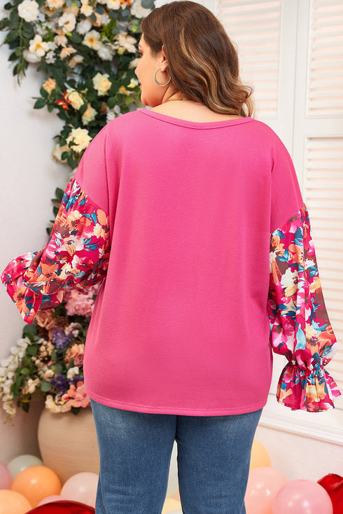 Floral Patchwork Rib Knit Flounce Long Sleeve Top