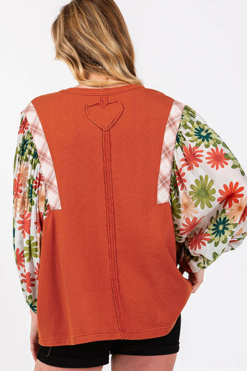 Floral Patchwork Round Neck Puff Sleeve Blouse