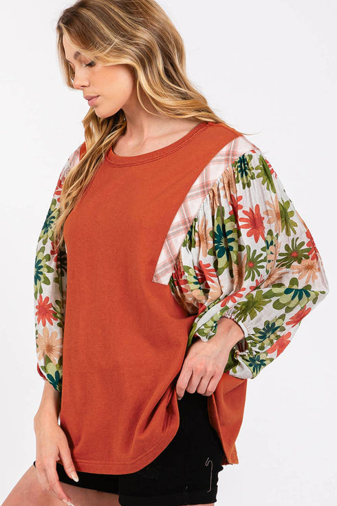 Floral Patchwork Round Neck Puff Sleeve Blouse